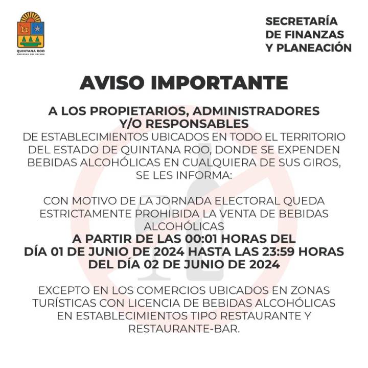 Ley Seca Anunciada para el 1 y 2 de Junio en Quintana Roo