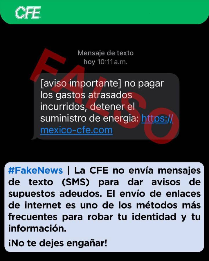 Advertencia de la CFE sobre mensajes fraudulentos con su logotipo