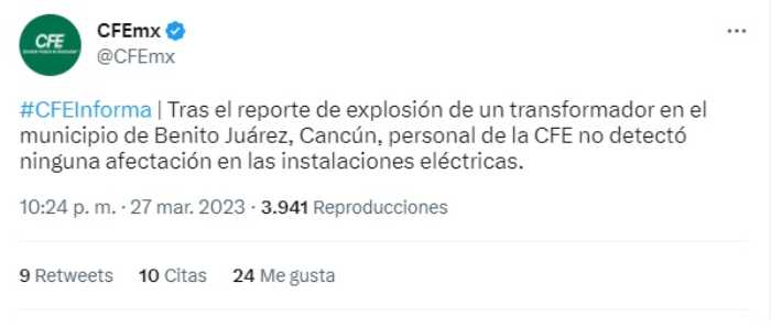 CFE desmiente versión del Ayuntamiento de Benito Juárez sobre explosión en polígono sur de Cancún