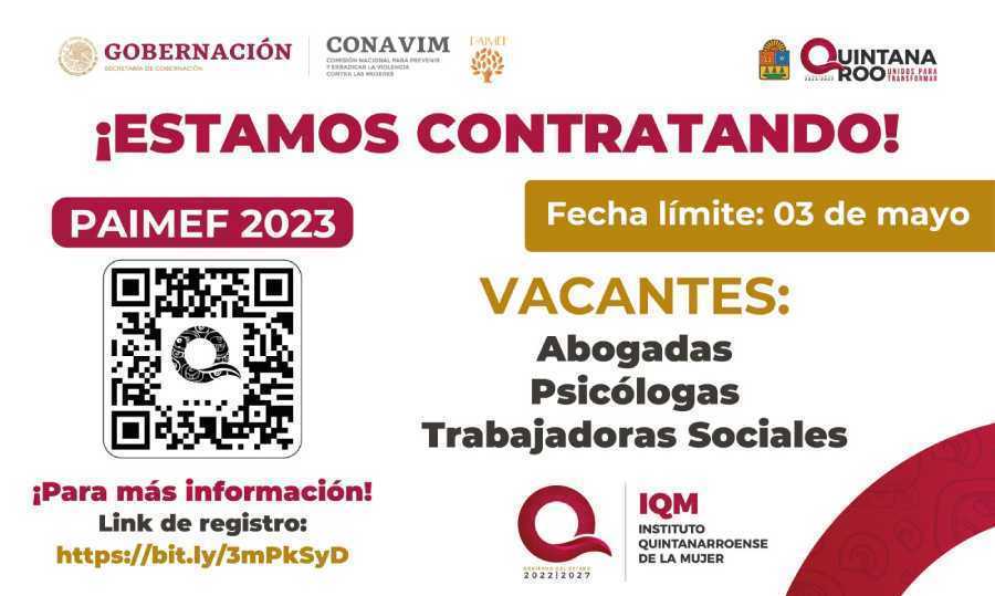 Convocatoria del IQM para contratar profesionales que atiendan a mujeres víctimas de violencia en Quintana Roo