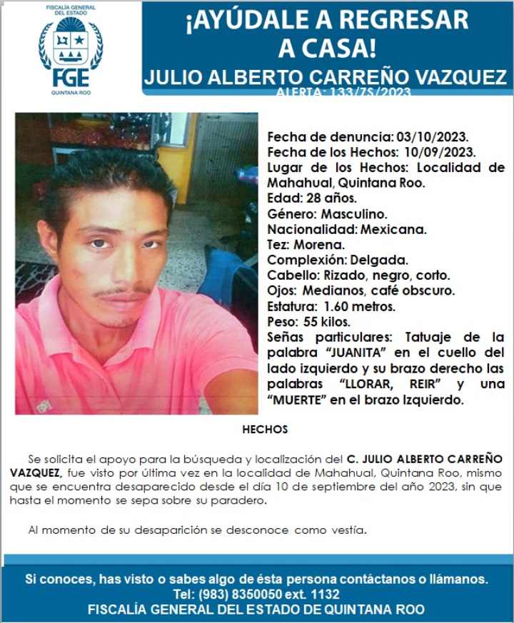 Desaparición de un Residente de Majahual: Se Busca Urgentemente a Julio Alberto Carreño Vazquez