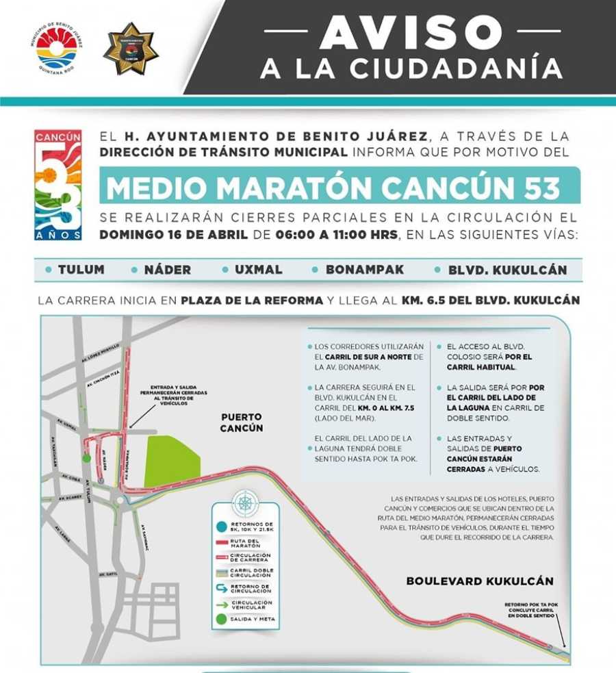 El 'Medio Maratón Cancún 53' causará cierres parciales de calles en el centro de la ciudad