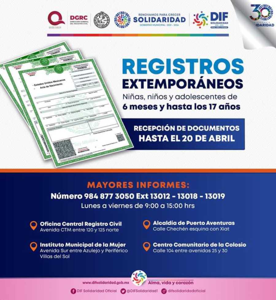 Gobierno municipal promueve campaña gratuita de registro civil para menores de edad en Playa del Carmen
