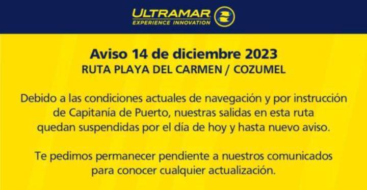 Interrupción de Travesías Marítimas entre Playa del Carmen y Cozumel por Condiciones Climáticas