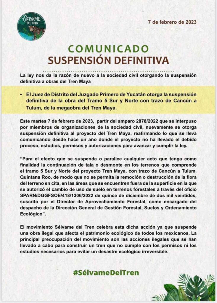 Obra del Tren Maya detenida en áreas sin autorización