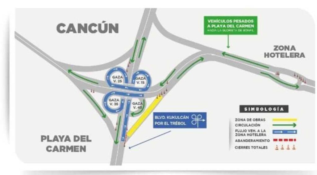 Obras de rehabilitación cierran desviación hacia la Zona Hotelera de Cancún desde la carretera federal 307