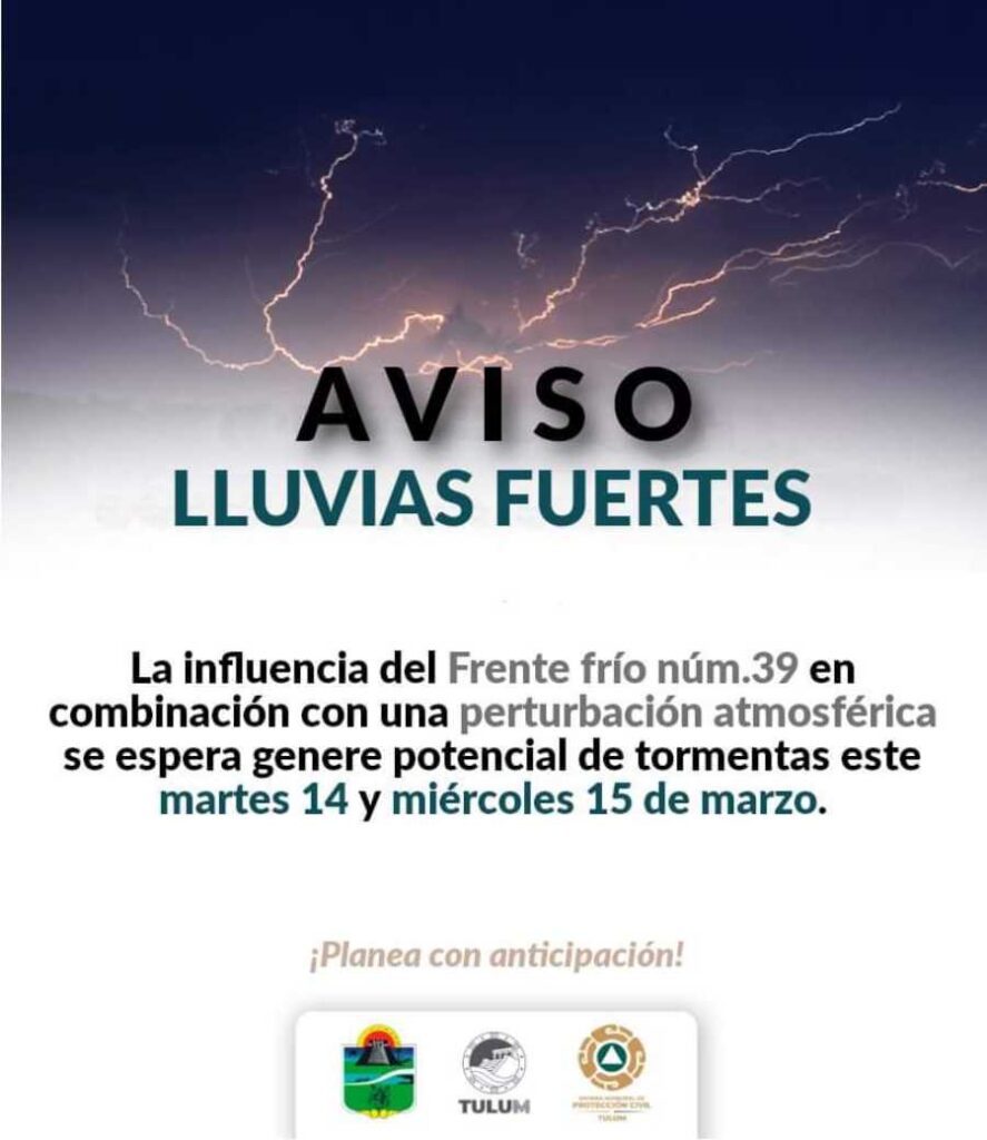 Pronostican lluvias intensas en Tulum y recomiendan tomar precauciones