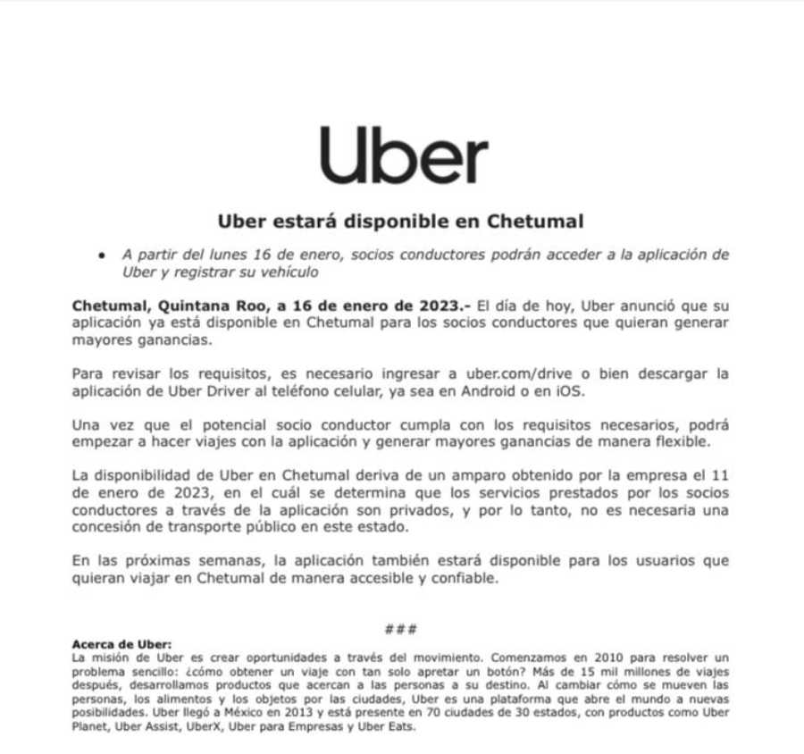 Uber lanza servicios en Chetumal